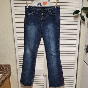 Northcrest Dark Blue Flare Jeans Red Embroidered Hem Exposed Button down Sz 6
